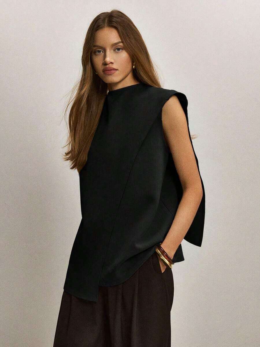 Blusa suelta con bajo asimétrico de unicolor para mujer - Negro - Ver 1
