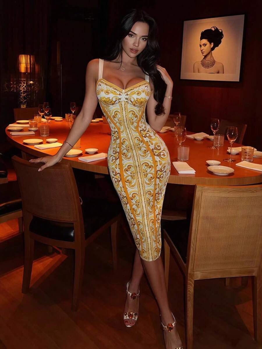 Vestido sin mangas estampado vintage, corte cintura elegante, nueva muy vendido - Dorado - Ver 1