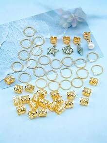 Juego de 46 piezas de accesorios para el cabello con tema oceánico en color dorado, que incluye estrellas de mar, conchas, caracoles, perlas, ligas para el cabello, clips, pasadores, adecuado para mujeres & niñas, pasadores deslizantes, clips de garra - Multicolor - Ver 3