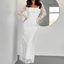 Women's Elegant Minimalist Romantic Charming Commute & Casual Square Neck Lace Ruched Flare Sleeve White Bodycon Midi Dress, Suitable For Valentine's Day,Fall Wedding Guest Dress,Wedding Guest Dress Women - Café - Ver 6
