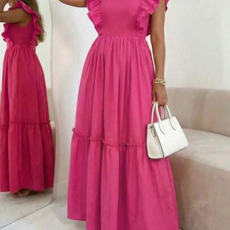 Women's Elegant Holiday Solid Color Cap Sleeve Ruched Patchwork Short Casual Dress, Spring/Summer - Rosa Fucsia - Ver 1