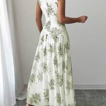 Women's Elegant Floral Print Ruched Waist Sleeveless Casual Dress - Amarillo - Ver 9