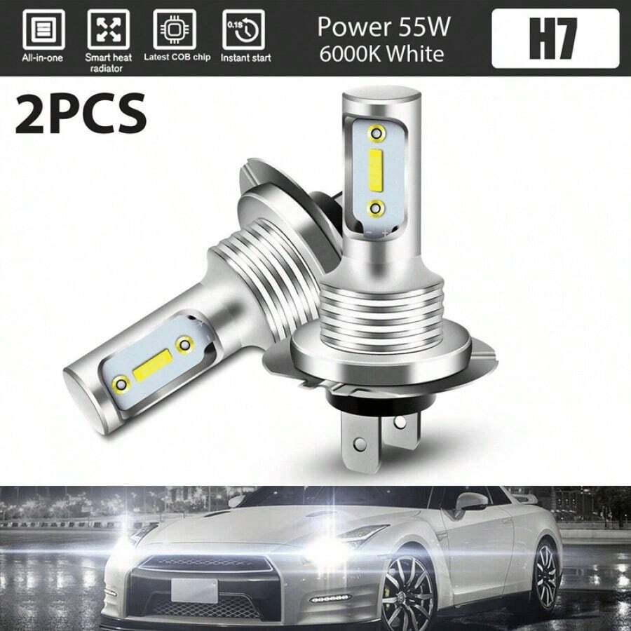 2pcs H7 LED Car Headlight Bulb Kit, High/Low Beam, 80W, 6000K, Bright