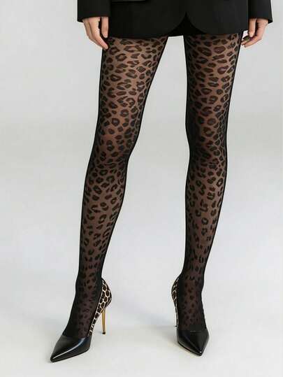 1 Pair Women's Leopard Print Sheer Pantyhose, High Waist Semi-See-Through Tights, High Elasticity Slimming Leggings, Suitable For Daily Wear, Sexy Style, Party Occasions