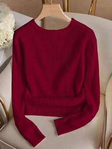 Elegante camiseta de punto de cuello redondo, top de punto minimalista de moda, otoño/invierno - Rojo - Ver 2
