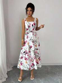 1 pieza Vestido Elegante Estampado con Cintura Ajustada para Mujer - Rojo - Ver 10