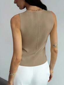 Blusa sin mangas de punto de un solo pecho con tirantes anchos, casual de verano, para otoño/invierno, verano, vacaciones, simple para ir al trabajo, con hebilla metálica única para oficina - Caqui 2 - Ver 2