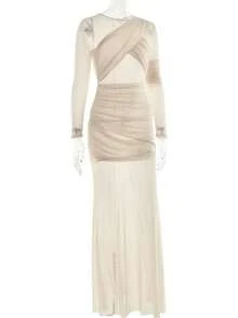 Long Dress With Sheer Mesh, Long Sleeves, Pleated, Fitted Cut, Chic And Sensual Style. - 米色 - 查看 5