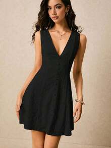 Vestido corto de mujer sin mangas de cuello en V profundo de unicolor minimalista - Blanco - Ver 11