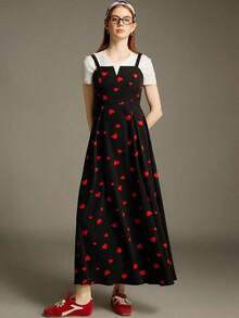 Vestido largo casual y sencillo 2025 nuevo con cuello en V, cinta en la cintura y estampado completo de corazón, con tirantes anchos, elegante y lindo para San Valentín, vacaciones y citas - Negro 2 - Ver 5