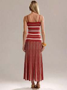 Vestido de punto casual ajustado sin mangas con rayas para mujer - Rojo - Ver 2