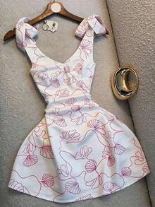Nuevo vestido elegante con estampado, cuello en V y cintura con lazo - Multicolor - Ver 1