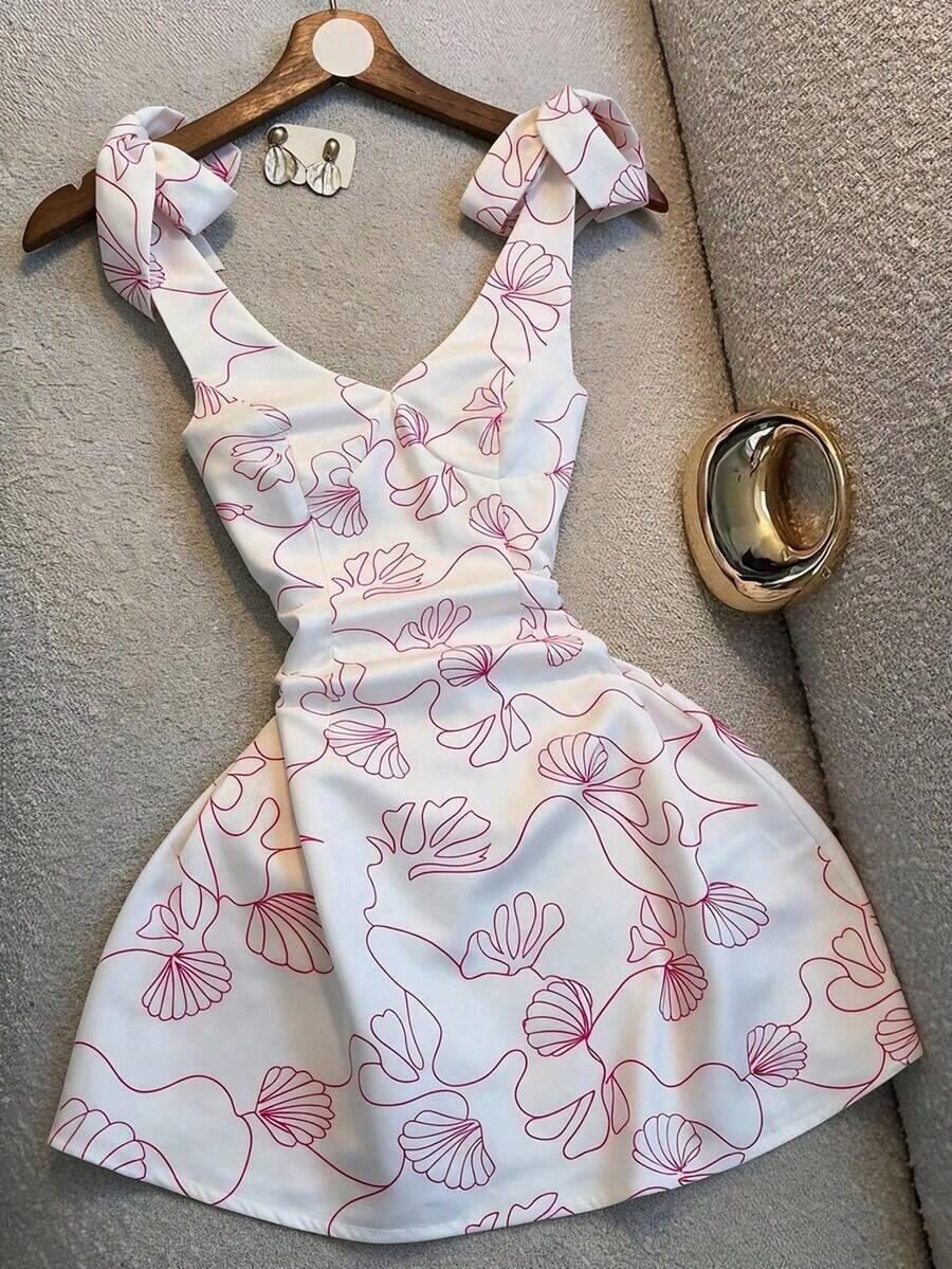 Nuevo vestido elegante con estampado, cuello en V y cintura con lazo - Multicolor - Ver 1