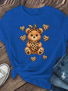 Women's Short Sleeve T-Shirt With Leopard Print, Heart And Bear Design - Casual Round Neck Top, Soft And Stretchy For Spring, Summer And Autumn, Machine Washable, Adorable Animal Design T-Shirt, Spring Fashion, Pullover Style, Seasonal Clothing, Comfortable Fit, Printed T-Shirt, For Fashion Lovers. - 藍色 - 查看 2