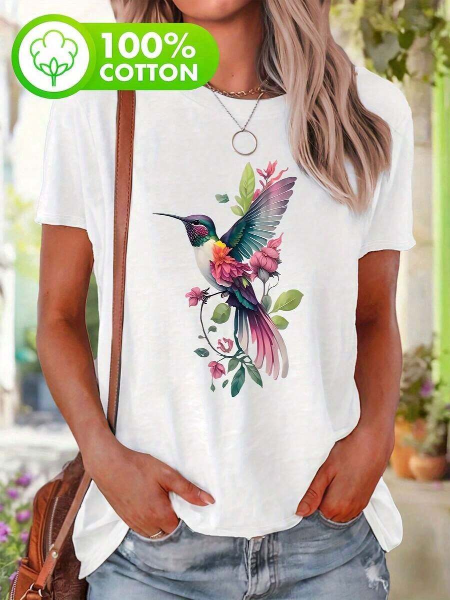 Talla grande - Camiseta casual de mujer con diseño de colibrí y flores vibrantes - Manga corta, cuello redondo, color lila claro, perfecta para primavera y verano, ropa casual Estampado floral Textura brillante 100% algodón - Blanco - Ver 1
