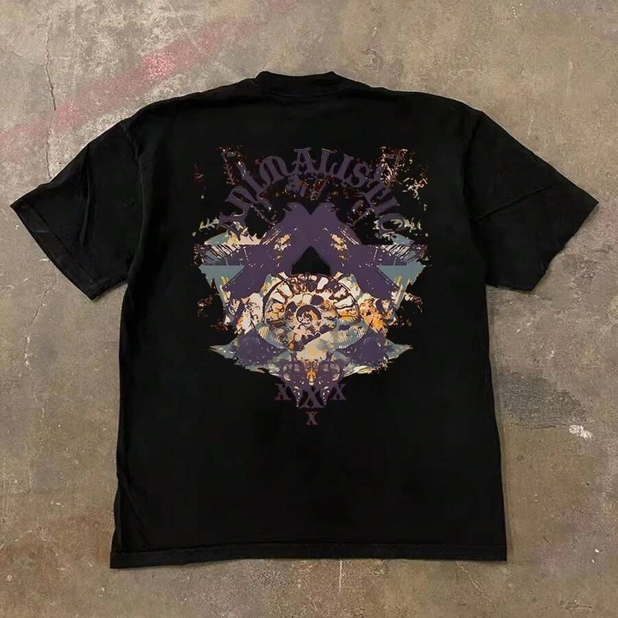 Nueva Camiseta Holgada y Versátil para Hombre y Mujer, Primavera/Verano 2026, Estampada de Manga Corta. TXGF - 250 g de algodón puro - y pájaros negros - Ver 1