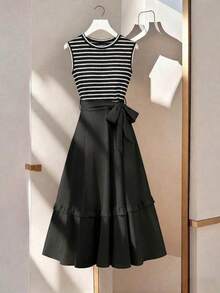 Vestido de punto a media pierna con diseño de parches a rayas para mujer, tela de unicolor, volante en el bajo. Diseño de vestido sin mangas, casual elegante, vestido de media pierna elegante para mujer - Multicolor 2 - Ver 3