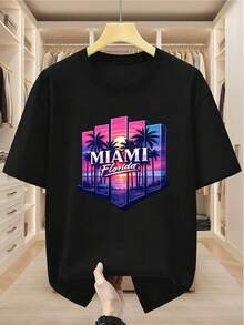 Camiseta de Hombre Talla Grande 100% con Estampado Gráfico de Atardecer en Miami, Florida, Palma, Cómoda, Casual, de Manga Corta para el Verano - Negro - Ver 2
