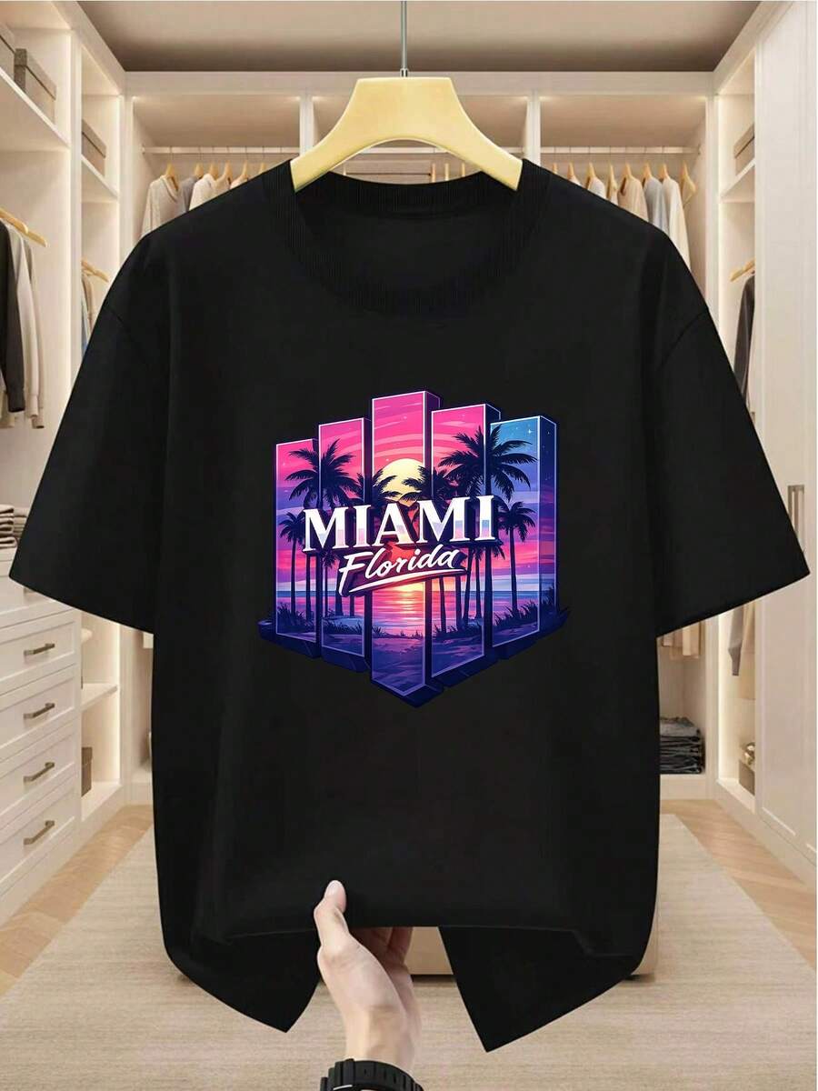 Camiseta de Hombre Talla Grande 100% con Estampado Gráfico de Atardecer en Miami, Florida, Palma, Cómoda, Casual, de Manga Corta para el Verano