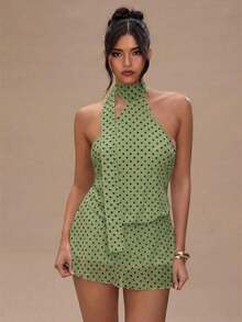 Vestido de tirantes mini con espalda descubierta y estampado de lunares elegante para mujer - Verde Oliva 2 - Ver 7