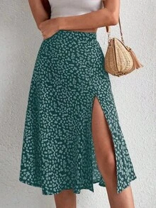 Primavera y novedad de verano falda acampanada dividida con cremallera floral versátil para mujer - verde - Ver 12