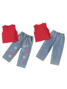 Toddler Girls 4th Of July Outfits Ribbed Sleeveless Tank Tops And Heart Print Elastic Jeans Set Baby Summer Clothes - Red - View 2