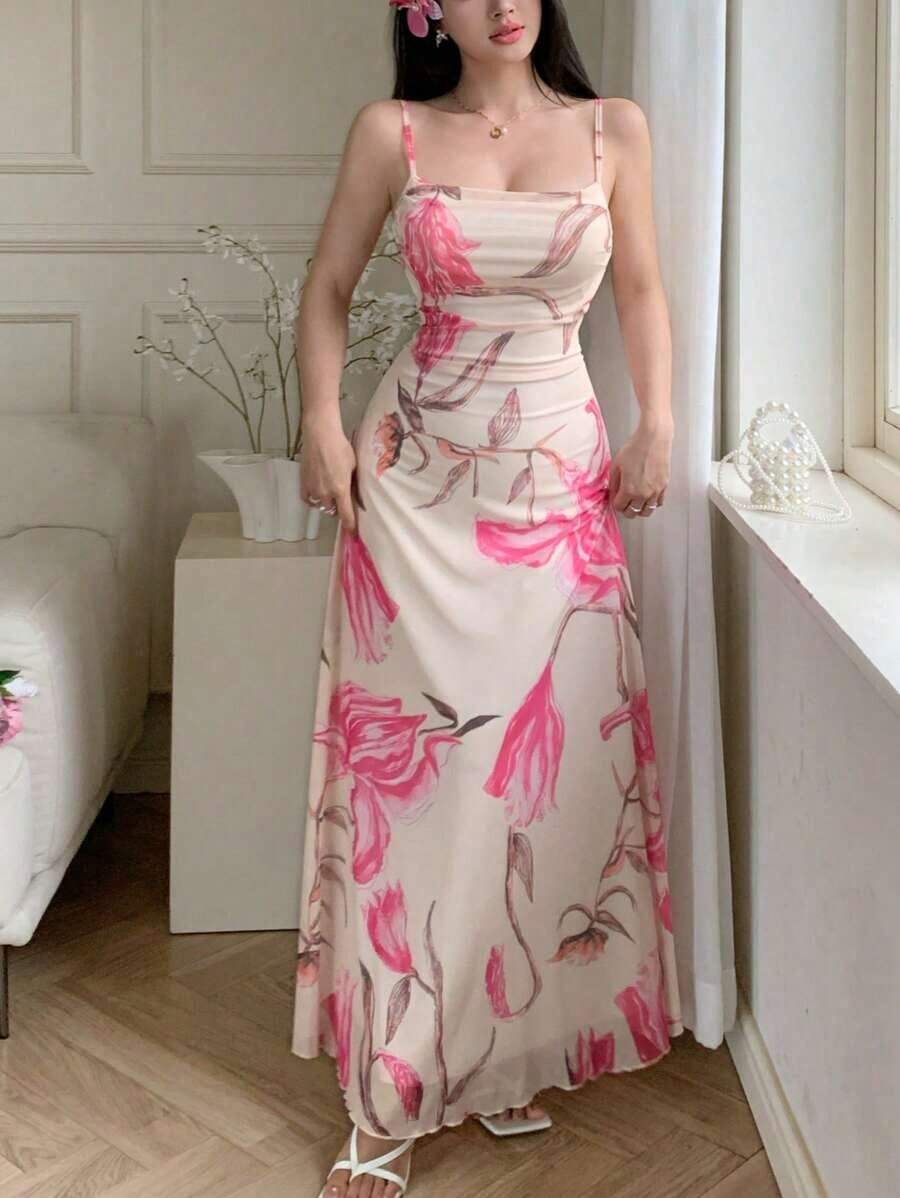 Vestido de verano casual de tirantes con cuello drapeado, cintura fruncida y estampado de malla para mujer - Albaricoque - Ver 1