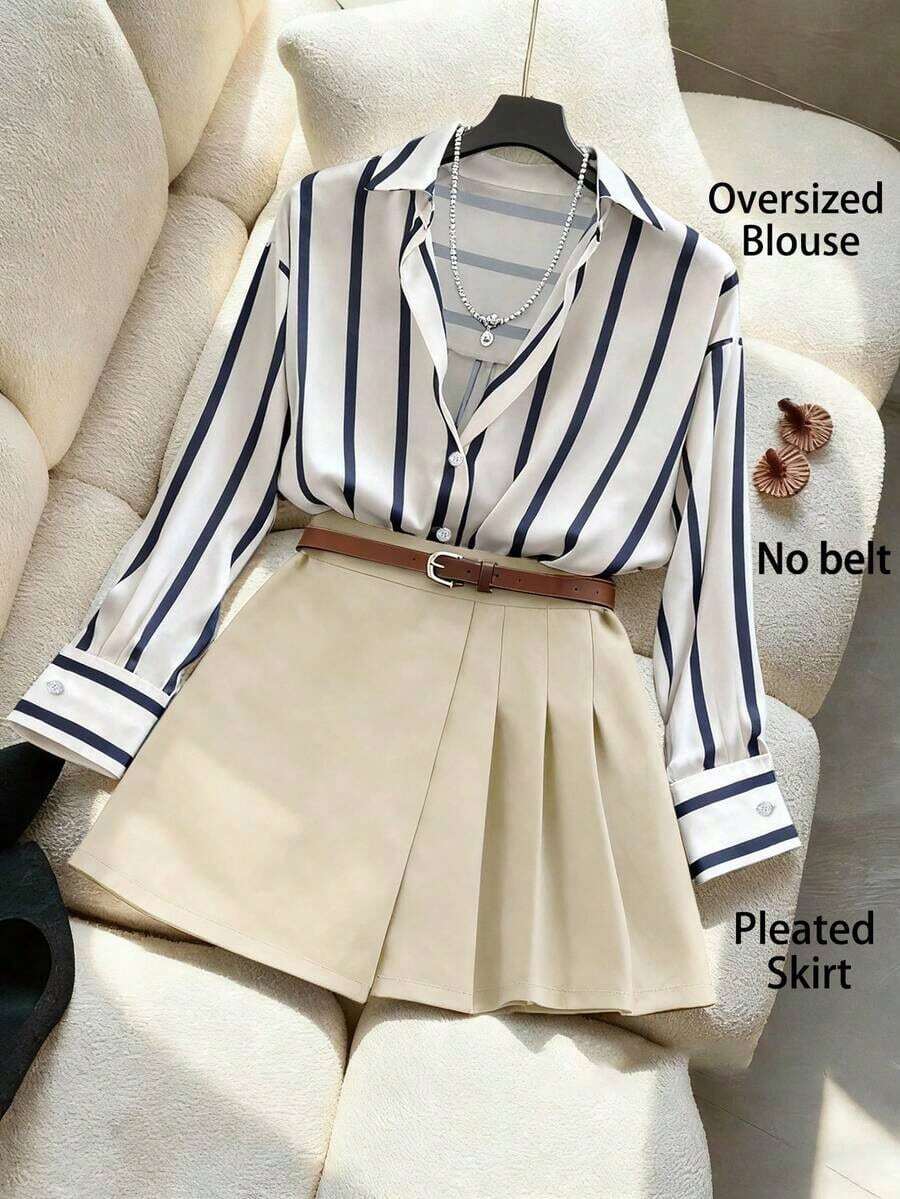 Camisa a rayas y falda pantalón plisada asimétrica, elegante conjunto de 2 piezas para mujer - Caqui - Ver 1