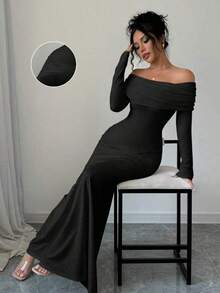 Vestido largo de punto acanalado con manga larga, cintura ceñida, hombros descubiertos, espalda descubierta, doblez de cola de pez, elegante y sexy, color blanco, para otoño/invierno, atuendo de mujer maxi - Negro - Ver 5