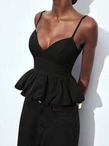 Maija Top de tirantes finos de unicolor con volantes en el bajo, para uso urbano, casual de oficina, elegante para fiestas de Navidad y Año Nuevo, ropa de mujer - Negro - Ver 10