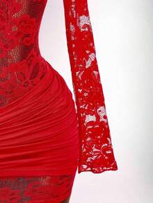 Blusa de encaje para mujer con vestido mini ajustado de tul rojo vintage con cordón en el bajo, estilo bohemio para fiesta - Burdeos - Ver 8