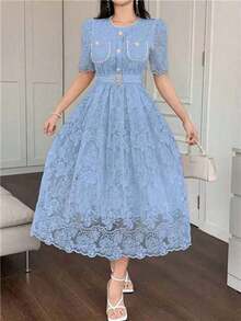 Vestido elegante de encaje de alta calidad con cintura ajustable, bordado, de estilo coreano suave y elegante - Azul - Ver 3
