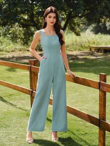 Mono informal con cuello cuadrado sin mangas, decorado con botones, con bolsillos, para vacaciones - Mono de vacaciones de estilo vintage elegante para mujer - Conjunto de verano para mujer - Mono para el Día de la Madre - Mono para vacaciones - Mono para mujer - Mono para concierto country - Mono para cumpleaños de mujer - Pantalones para mujer - Conjunto de festival para mujer - Conjunto de brunch para mujer - Azul - Ver 4