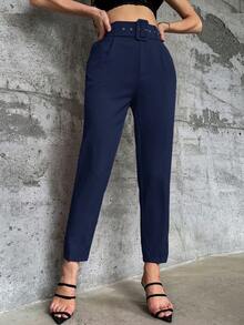 Pantalones entallados con cinturón - Azul marino - Ver 1