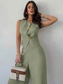 Set de 2 piezas de primavera para mujer: top asimétrico con hebilla de metal de sensación de lino caqui y pantalones anchos de cintura alta adelgazantes, elegante ropa de oficina - Verde militar - Ver 4