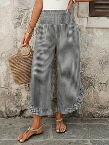 Pantalones anchos de cintura alta con volantes, estilo casual para vacaciones, aptos para primavera, verano y otoño - Blanco y Negro - Ver 10