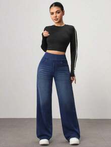 Jeans rectos de cintura alta lavados de estilo casual para mujer - Azul - Ver 4