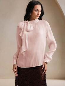 Blusa elegante y chic de cuello alto, manga larga y puños con lazo para uso diario - Rosa - Ver 6
