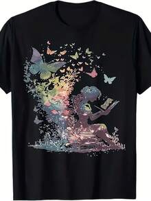 T-Shirt With Watercolor Butterfly Fairy Reading Books, Adult Reading Material, Lightweight And Breathable, Unisex, 100% Cotton, Round Neck With Cuffs, Suitable For Summer Outings, Casual Style For Everyday Wear, Outdoor Activity T-Shirt, Machine Washable, 180g 100% Cotton. - 黑色 - 查看 1