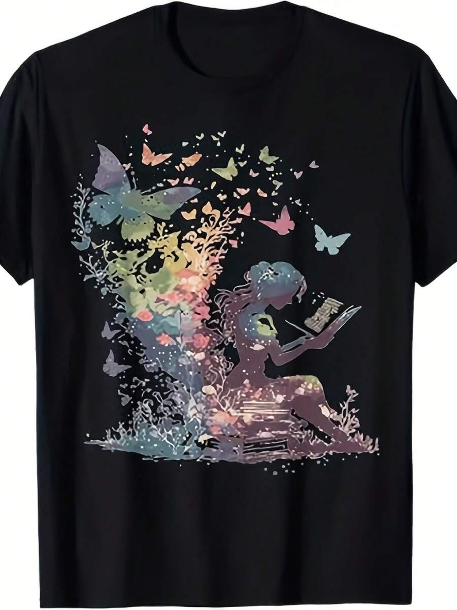T-Shirt With Watercolor Butterfly Fairy Reading Books, Adult Reading Material, Lightweight And Breathable, Unisex, 100% Cotton, Round Neck With Cuffs, Suitable For Summer Outings, Casual Style For Everyday Wear, Outdoor Activity T-Shirt, Machine Washable, 180g 100% Cotton. - 黑色 - 查看 1
