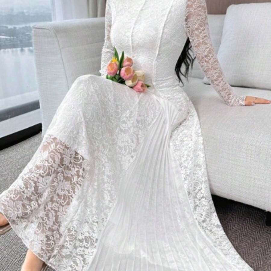 Women's Elegant Contrast Lace Pleated Waist Long Sleeve Dress - Blanco - Ver 1
