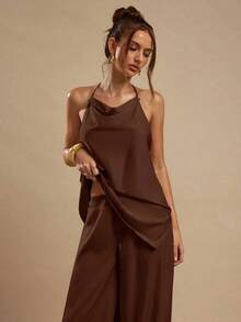 Women's Satin Palazzo Pants, Elegant Loose-Fitting Ginger Yellow Trousers, Suitable For Going Out, Brunch, Summer, Weddings, Honeymoon, Beach Vacation - 全穀類咖啡 - 查看 7