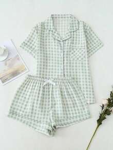 piezas de pijama con pantalón corto, de manga corta y estampado a cuadros para mujeres, ropa de estar por casa de verano - Verde - Ver 1