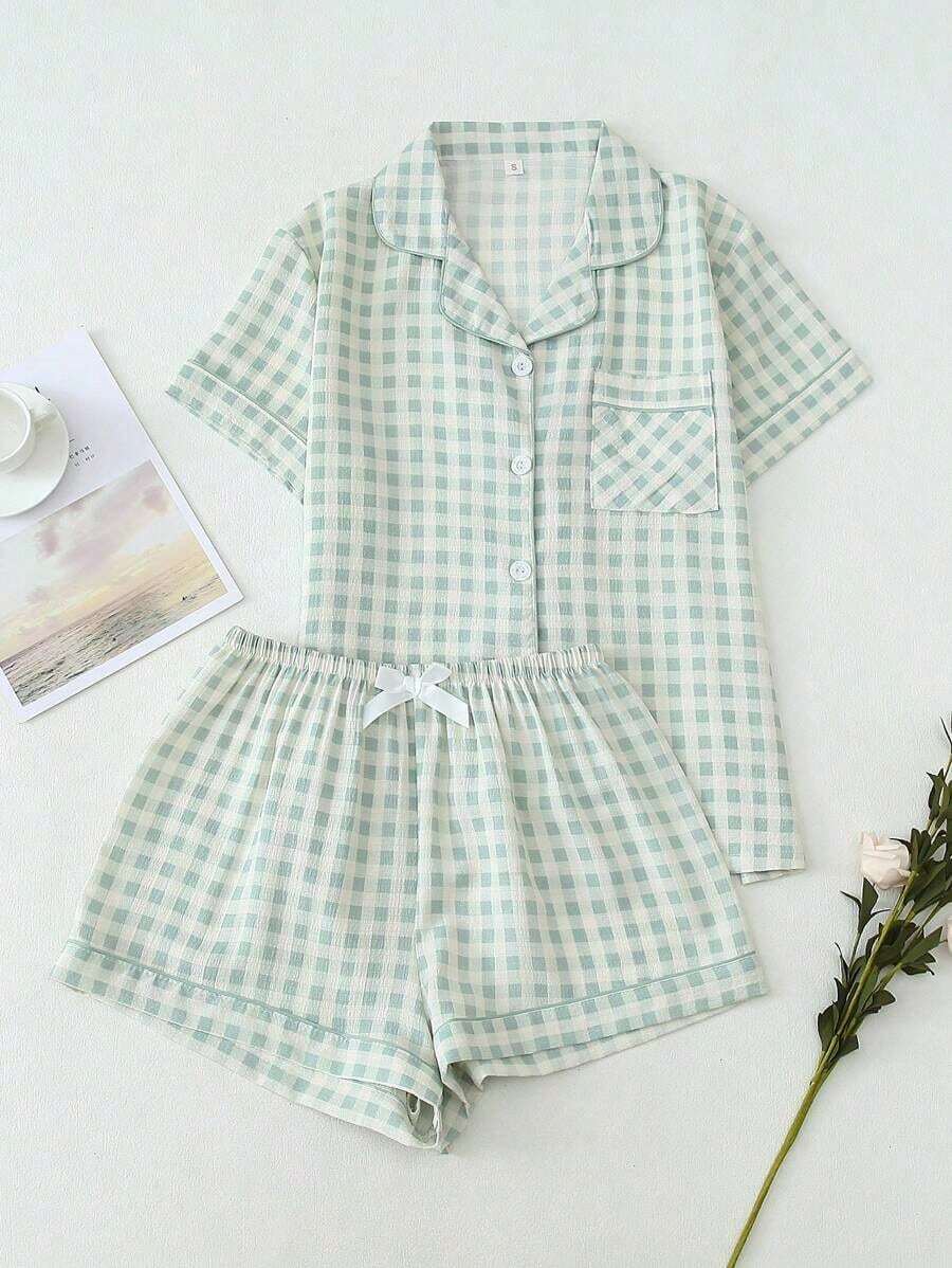 piezas de pijama con pantalón corto, de manga corta y estampado a cuadros para mujeres, ropa de estar por casa de verano - Verde - Ver 1