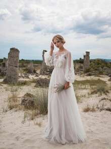 Elegant Dress With Round Neck Bubble Sleeves And Tulle Embroidery - 白色 - View 5