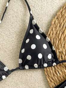 Nuevo conjunto de bikini con estampado de lunares sexy, espalda descubierta y lazo, con tirantes de espagueti para playa y piscina en vacaciones - Negro - Ver 4
