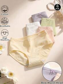 5pcs/Set Celana Dalam Wanita Katun Lembut dengan Hiasan Pita Manis, Warna Polos, Pinggang Rendah, Nyaman dan Bernapas untuk Sehari-hari - MultiWarna - View 3