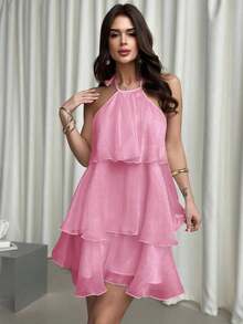 Vestido de vuelo con cuello halter, espalda descubierta y dobladillo con volantes de organza blanco, elegante y romántico para el Día de San Valentín - Vestido de muñeca de fantasía - Rosa Pálido - Ver 4