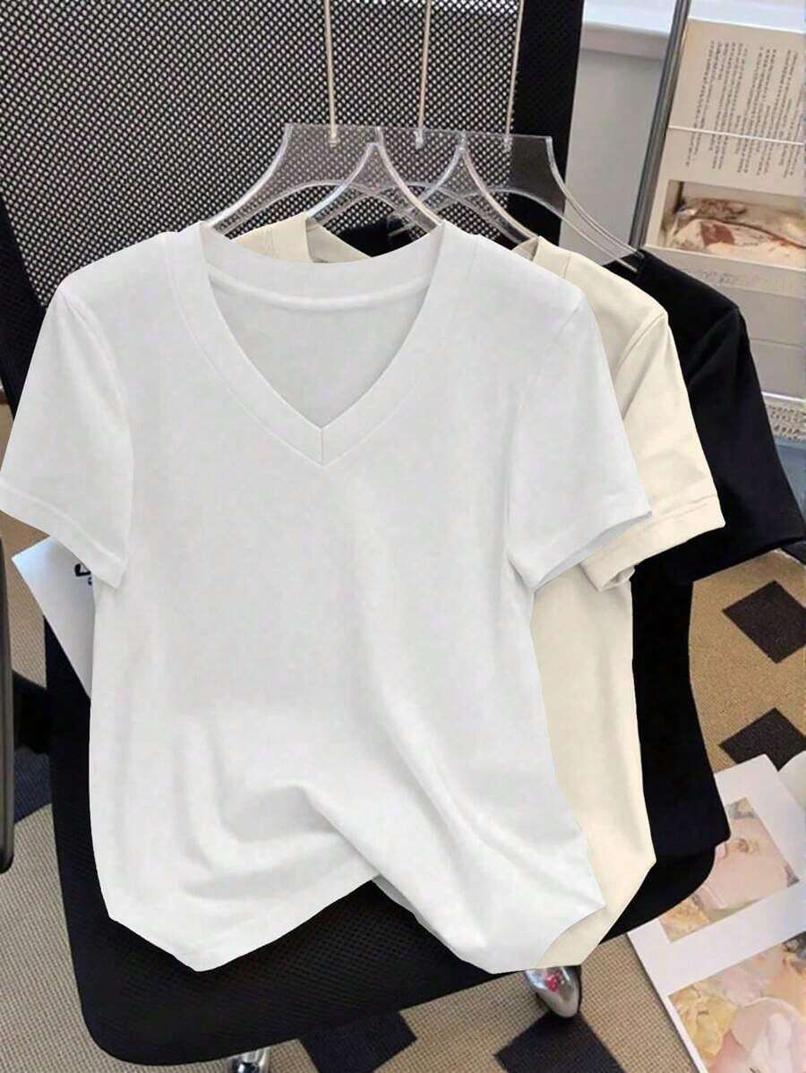 Camiseta casual versátil de mujer de unicolor con cuello en V y manga corta - Burdeos - Ver 1