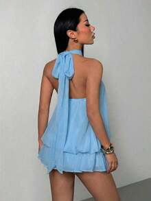 Vestido mini elegante de mujer con escote halter y lazo en color beige - Azul - Ver 2